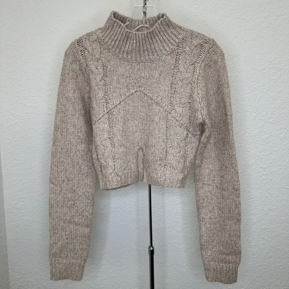 NWT Le Lis Collection Women Tan Cable Knit Mock Neck Cropped Sweater  Size Small